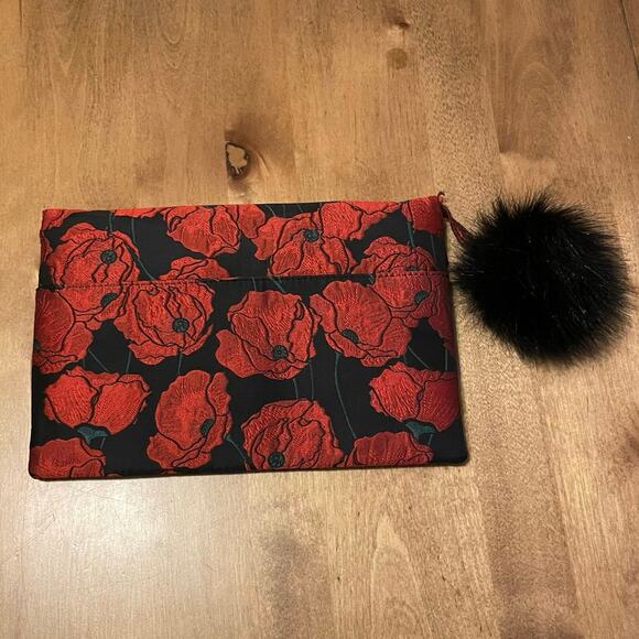 Anthropologie Monserat de Lucca Floral Poppy Envelope Clutch Fur Pom Pon - Picture 2 of 12